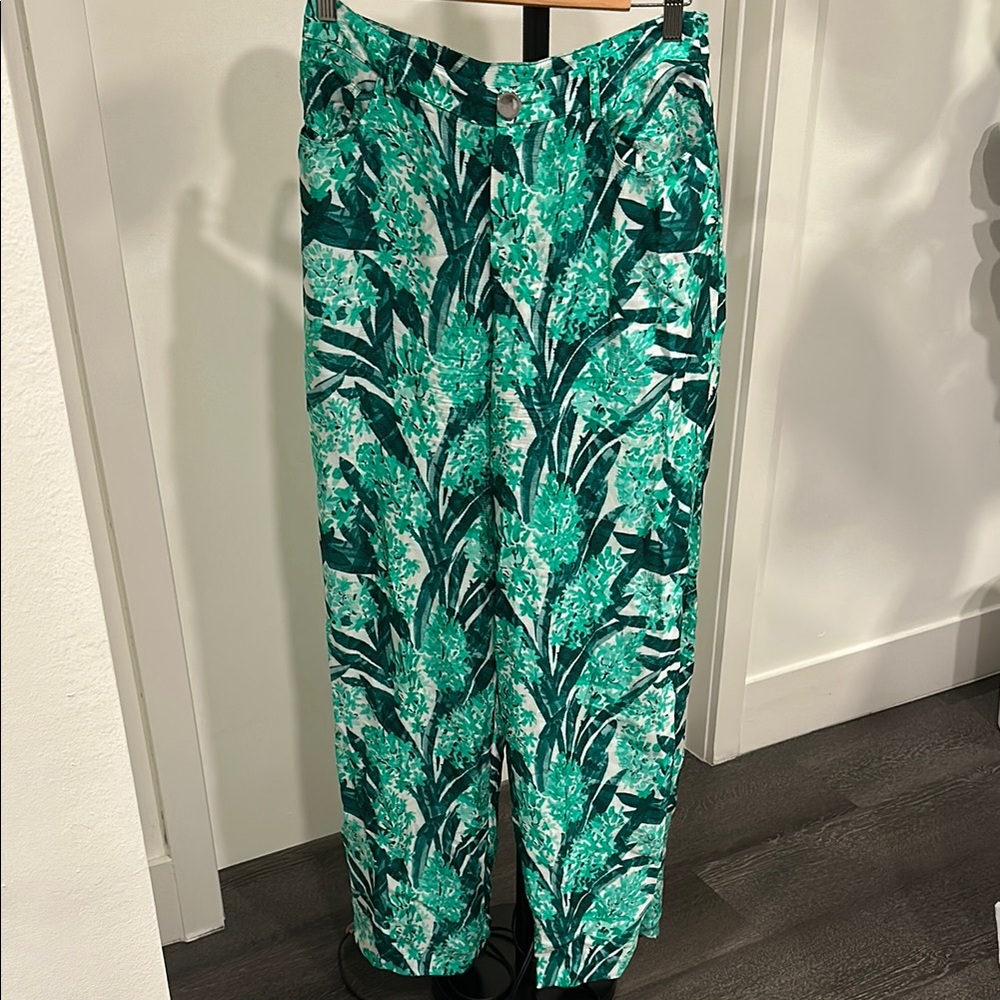 Tropical Green Leaf Print Pants